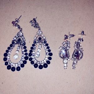 Silver black crystal chandelier tear drop earrings